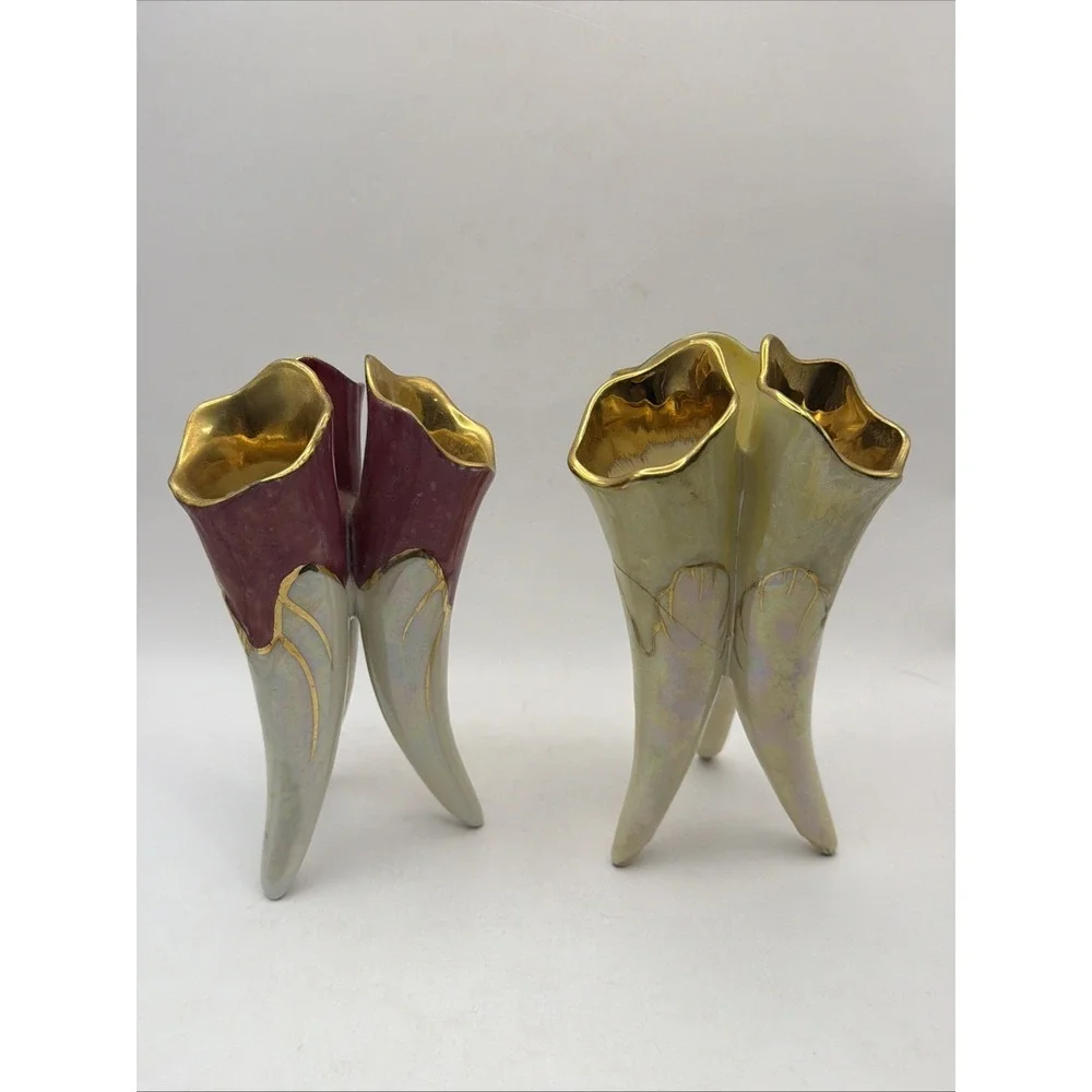 2 Japanese Lusterware 3 Horn Flower Vases Iridescent Purple Gold 6.5